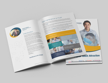 A mockup of a booklet on healthcare & life sciences hiring trends