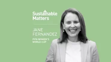 A smiling woman in a blazer on a green background with 'Sustainable Matters' and 'FIFA Women's World Cup' text.