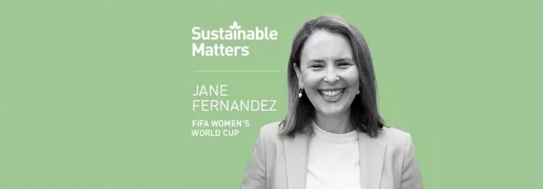 A smiling woman in a blazer on a green background with 'Sustainable Matters' and 'FIFA Women's World Cup' text.