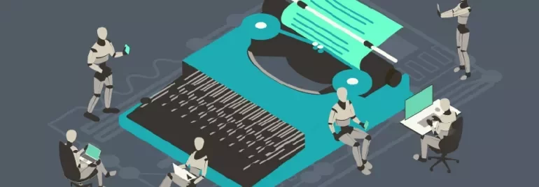 Robots interacting with a giant typewriter, symbolizing technology and writing.