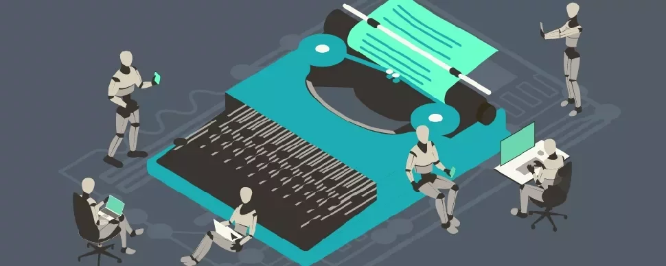 Robots interacting with a giant typewriter, symbolizing technology and writing.