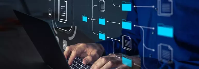 Person typing on a laptop with digital file icons overlay.