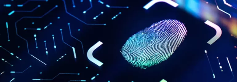 Digital fingerprint on a glowing circuit board background, symbolizing security technology.