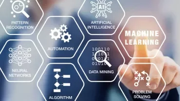 Person pointing at hexagons labeled with tech concepts like AI, machine learning, and data mining.