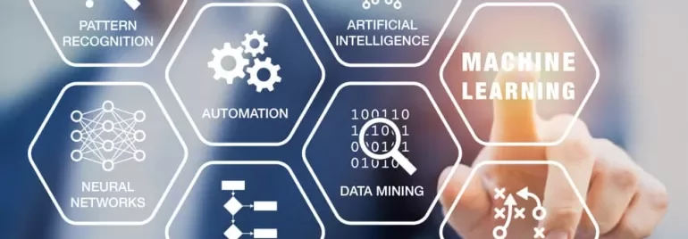 Person pointing at hexagons labeled with tech concepts like AI, machine learning, and data mining.