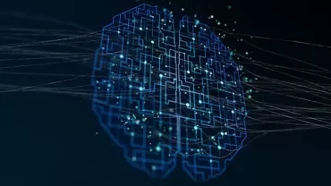 Abstract digital brain with interconnected pathways and glowing nodes.