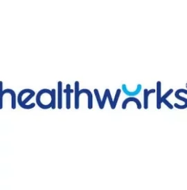 Logo of Healthworks with blue text and a unique design for the letter 'w'.