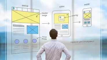 Man looking at wireframe sketches for desktop, tablet, and mobile designs on a clear board.