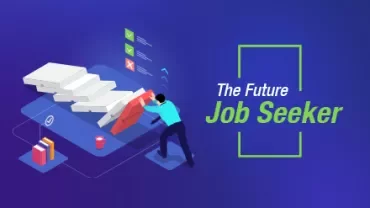 Illustration of a person analyzing charts titled 'The Future Job Seeker'