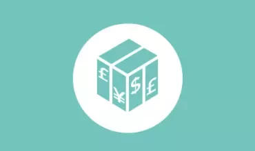 Cube icon with currency symbols: dollar, euro, pound, yen.