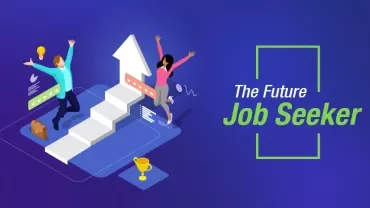 Illustration of two people jumping near stairs and an arrow, with text 'The Future Job Seeker'.