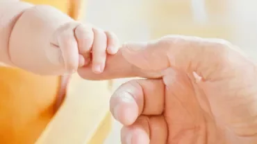 A baby's hand holding an adult's finger gently.