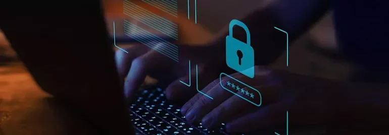 Hands typing on a keyboard with a digital lock and password symbol overlay.