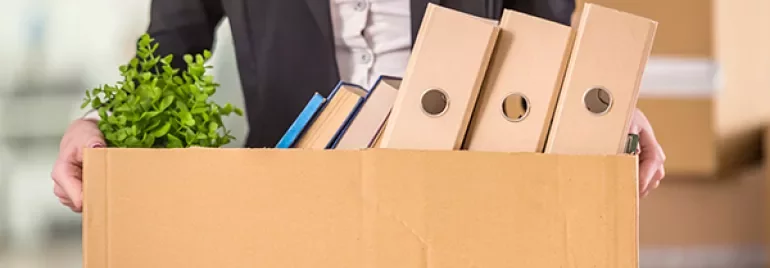 Person holding a box with folders, books, and a plant.