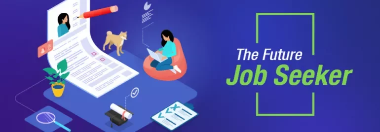 Illustration of a person reading with resume, dog, and job tools around, titled 'The Future Job Seeker'.