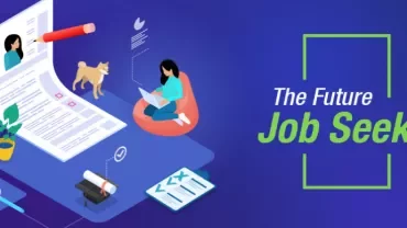 Illustration of a person reading with resume, dog, and job tools around, titled 'The Future Job Seeker'.