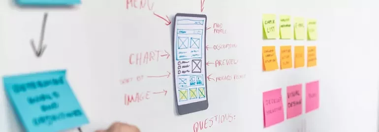 Whiteboard with mobile wireframe and sticky notes for app design.